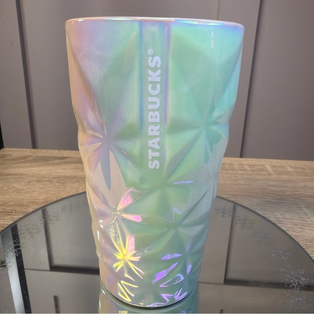 Starbucks 2023 Iridescent White Geometric Ceramic Travel Tumbler Mug 12oz Purple